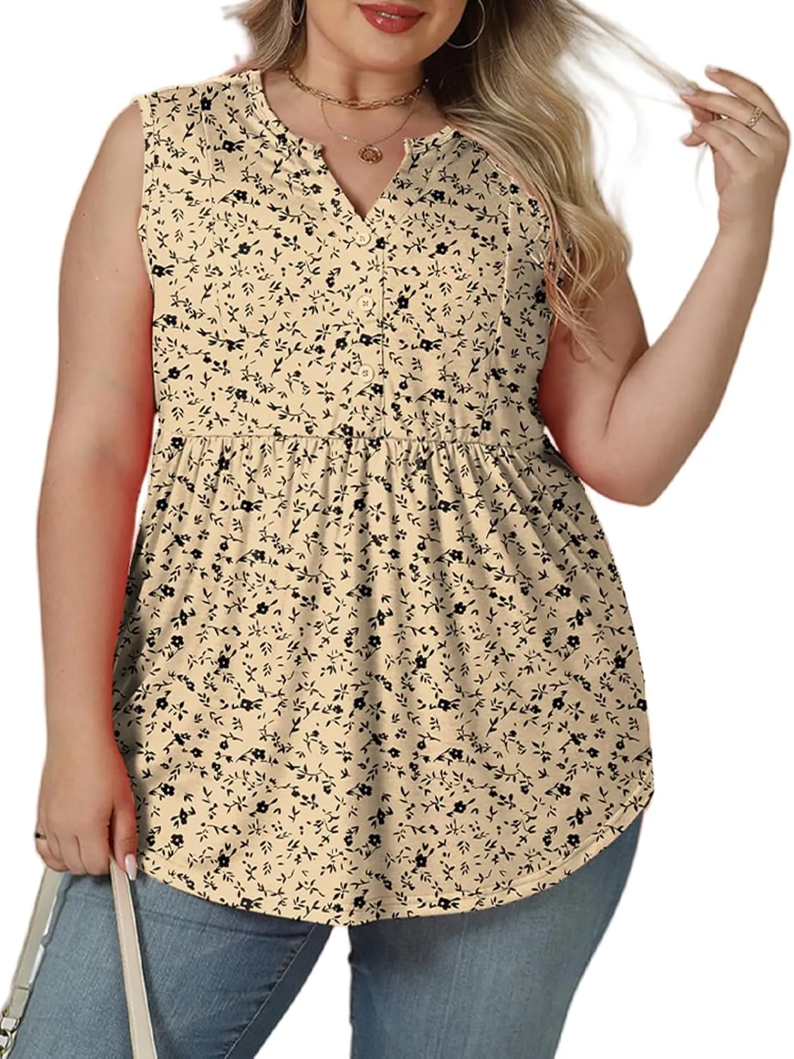 VISLILY Womens-Plus-Size-Sleeveless-Henley-Shirts Casual V Neck Summer Tank Tops Flowy Pleated Tunics Cute Buttons Up Blouses