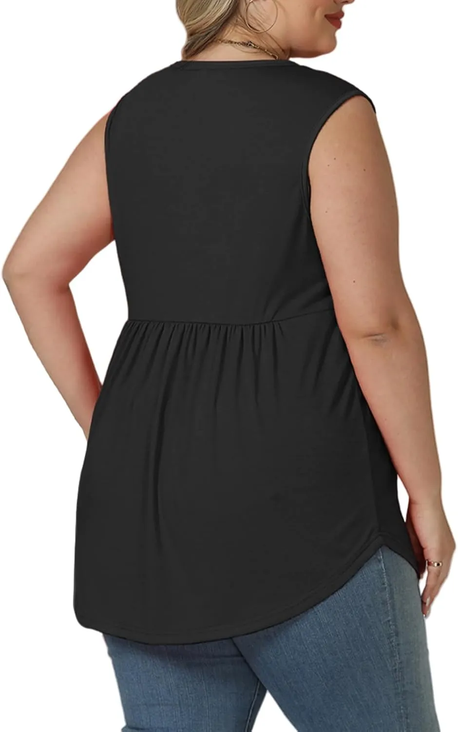 VISLILY Womens-Plus-Size-Sleeveless-Henley-Shirts Casual V Neck Summer Tank Tops Flowy Pleated Tunics Cute Buttons Up Blouses