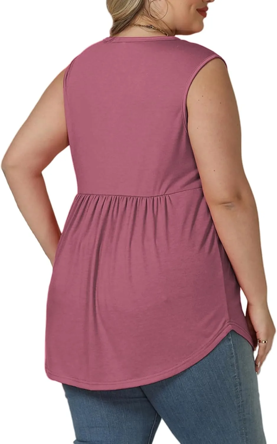 VISLILY Womens-Plus-Size-Sleeveless-Henley-Shirts Casual V Neck Summer Tank Tops Flowy Pleated Tunics Cute Buttons Up Blouses