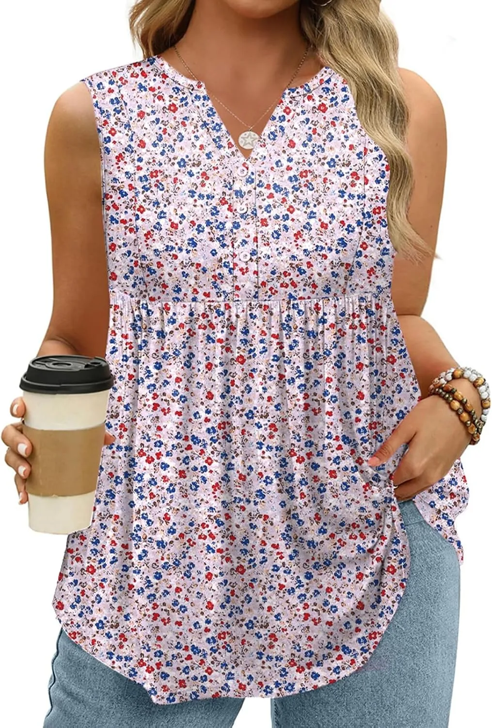 VISLILY Womens-Plus-Size-Sleeveless-Henley-Shirts Casual V Neck Summer Tank Tops Flowy Pleated Tunics Cute Buttons Up Blouses