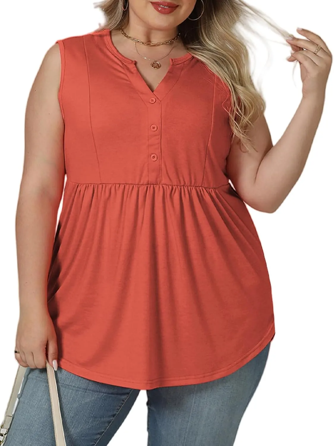 VISLILY Womens-Plus-Size-Sleeveless-Henley-Shirts Casual V Neck Summer Tank Tops Flowy Pleated Tunics Cute Buttons Up Blouses