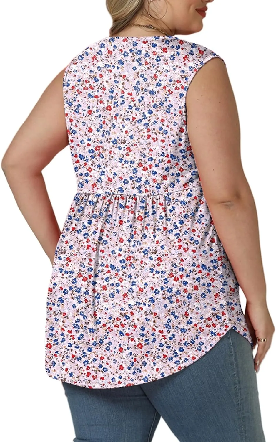 VISLILY Womens-Plus-Size-Sleeveless-Henley-Shirts Casual V Neck Summer Tank Tops Flowy Pleated Tunics Cute Buttons Up Blouses