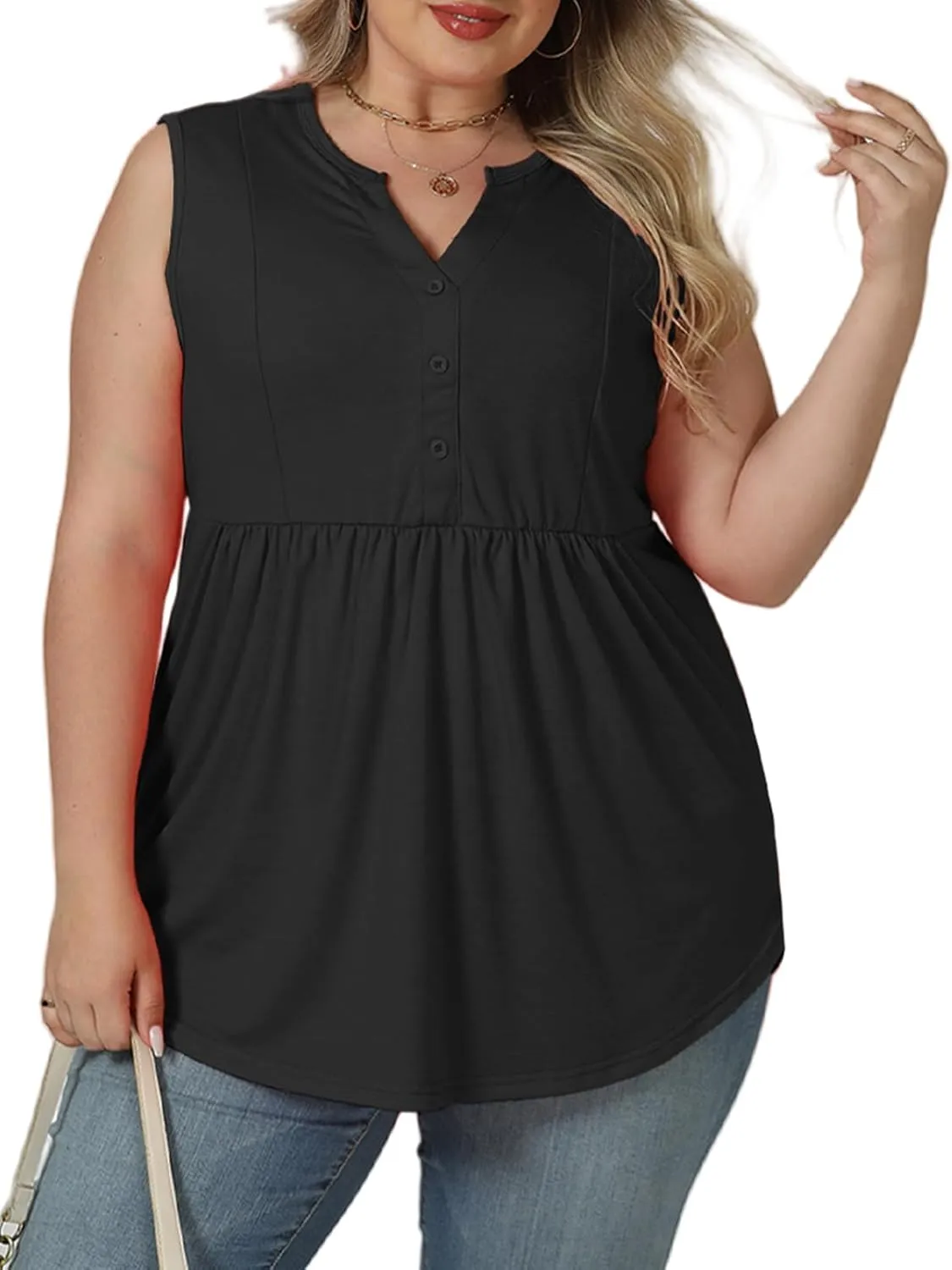 VISLILY Womens-Plus-Size-Sleeveless-Henley-Shirts Casual V Neck Summer Tank Tops Flowy Pleated Tunics Cute Buttons Up Blouses