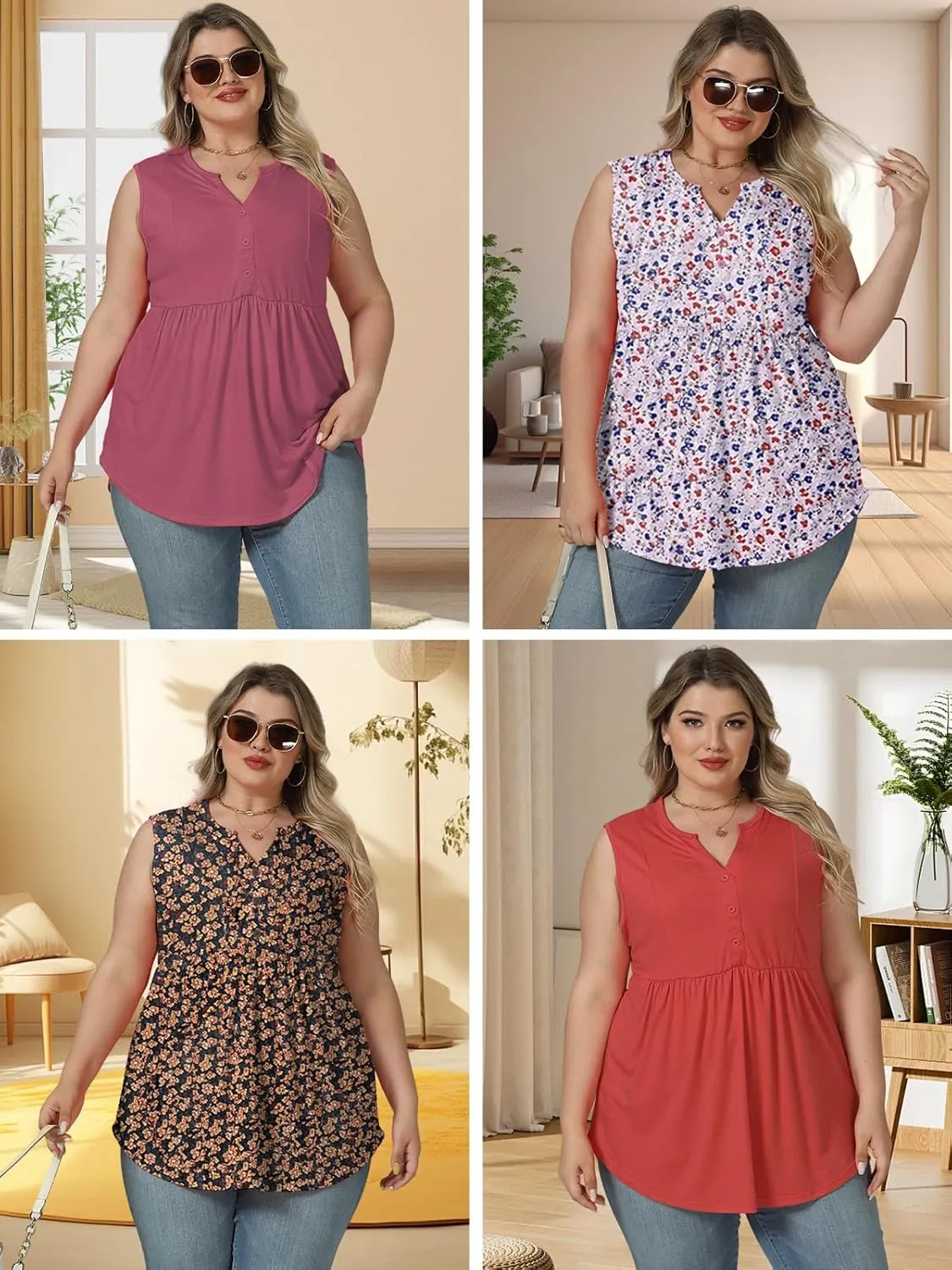 VISLILY Womens-Plus-Size-Sleeveless-Henley-Shirts Casual V Neck Summer Tank Tops Flowy Pleated Tunics Cute Buttons Up Blouses