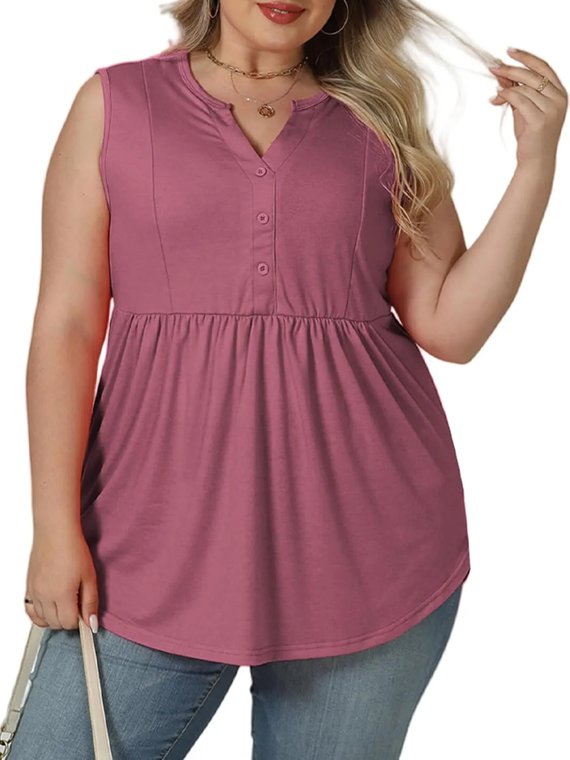VISLILY Womens-Plus-Size-Sleeveless-Henley-Shirts Casual V Neck Summer Tank Tops Flowy Pleated Tunics Cute Buttons Up Blouses