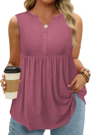 VISLILY Womens-Plus-Size-Sleeveless-Henley-Shirts Casual V Neck Summer Tank Tops Flowy Pleated Tunics Cute Buttons Up Blouses