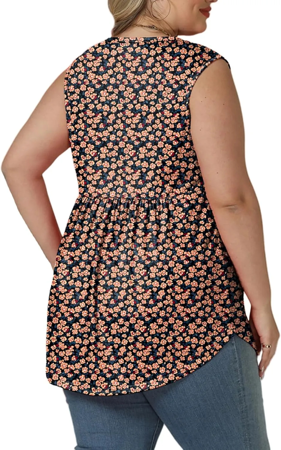VISLILY Womens-Plus-Size-Sleeveless-Henley-Shirts Casual V Neck Summer Tank Tops Flowy Pleated Tunics Cute Buttons Up Blouses