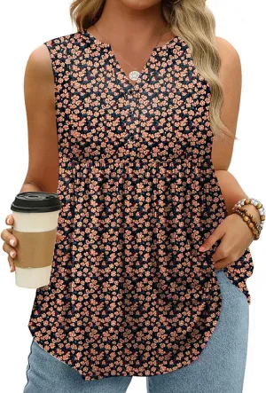 VISLILY Womens-Plus-Size-Sleeveless-Henley-Shirts Casual V Neck Summer Tank Tops Flowy Pleated Tunics Cute Buttons Up Blouses