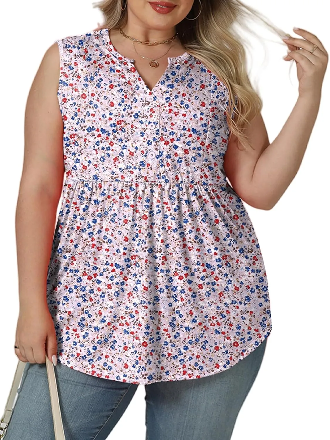 VISLILY Womens-Plus-Size-Sleeveless-Henley-Shirts Casual V Neck Summer Tank Tops Flowy Pleated Tunics Cute Buttons Up Blouses