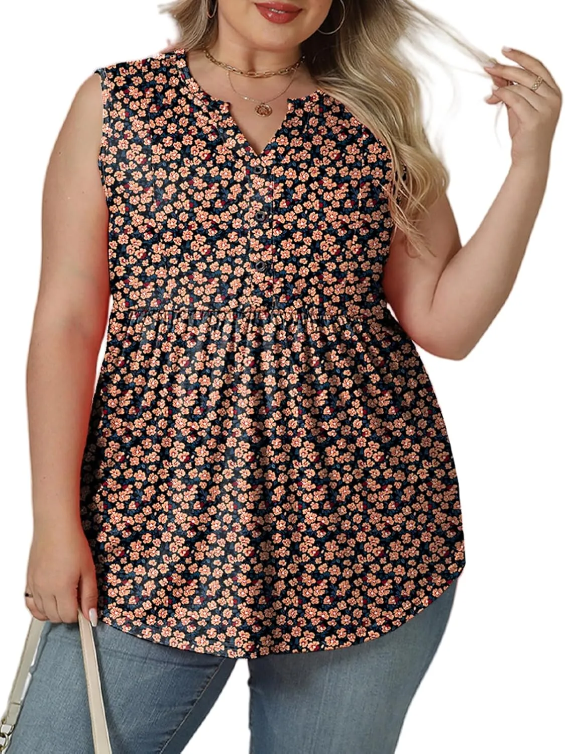 VISLILY Womens-Plus-Size-Sleeveless-Henley-Shirts Casual V Neck Summer Tank Tops Flowy Pleated Tunics Cute Buttons Up Blouses