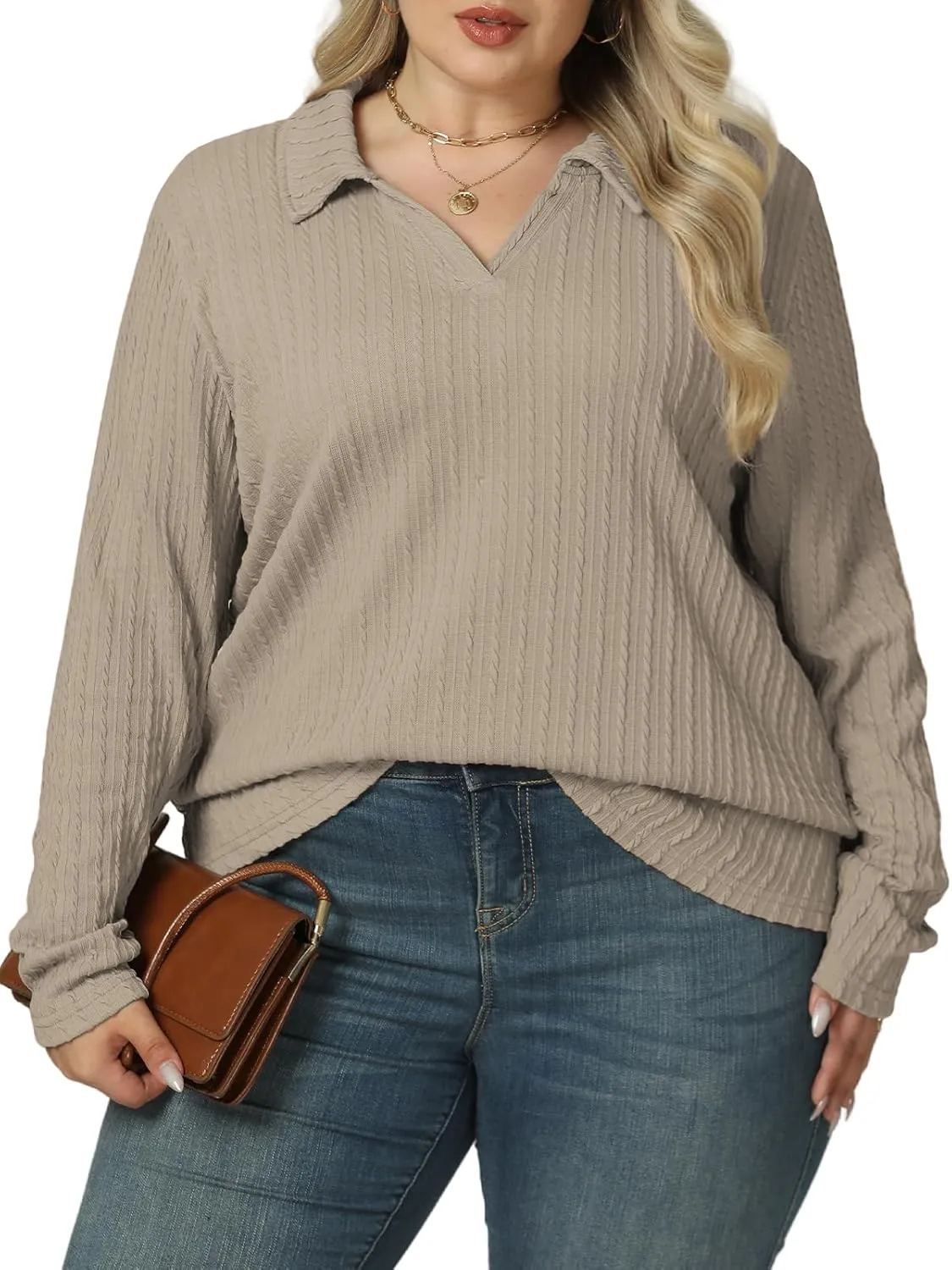 VISLILY Womens-Plus-Size-Tops-2025 Polo V Neck Shirts Lapel Collared Work Blouses Casual Long Sleeve Knit Tunics XL-5XL