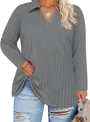 VISLILY Womens-Plus-Size-Tops-2025 Polo V Neck Shirts Lapel Collared Work Blouses Casual Long Sleeve Knit Tunics XL-5XL