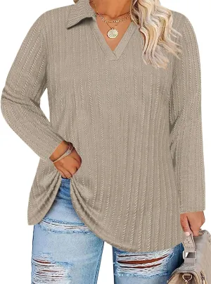 VISLILY Womens-Plus-Size-Tops-2025 Polo V Neck Shirts Lapel Collared Work Blouses Casual Long Sleeve Knit Tunics XL-5XL