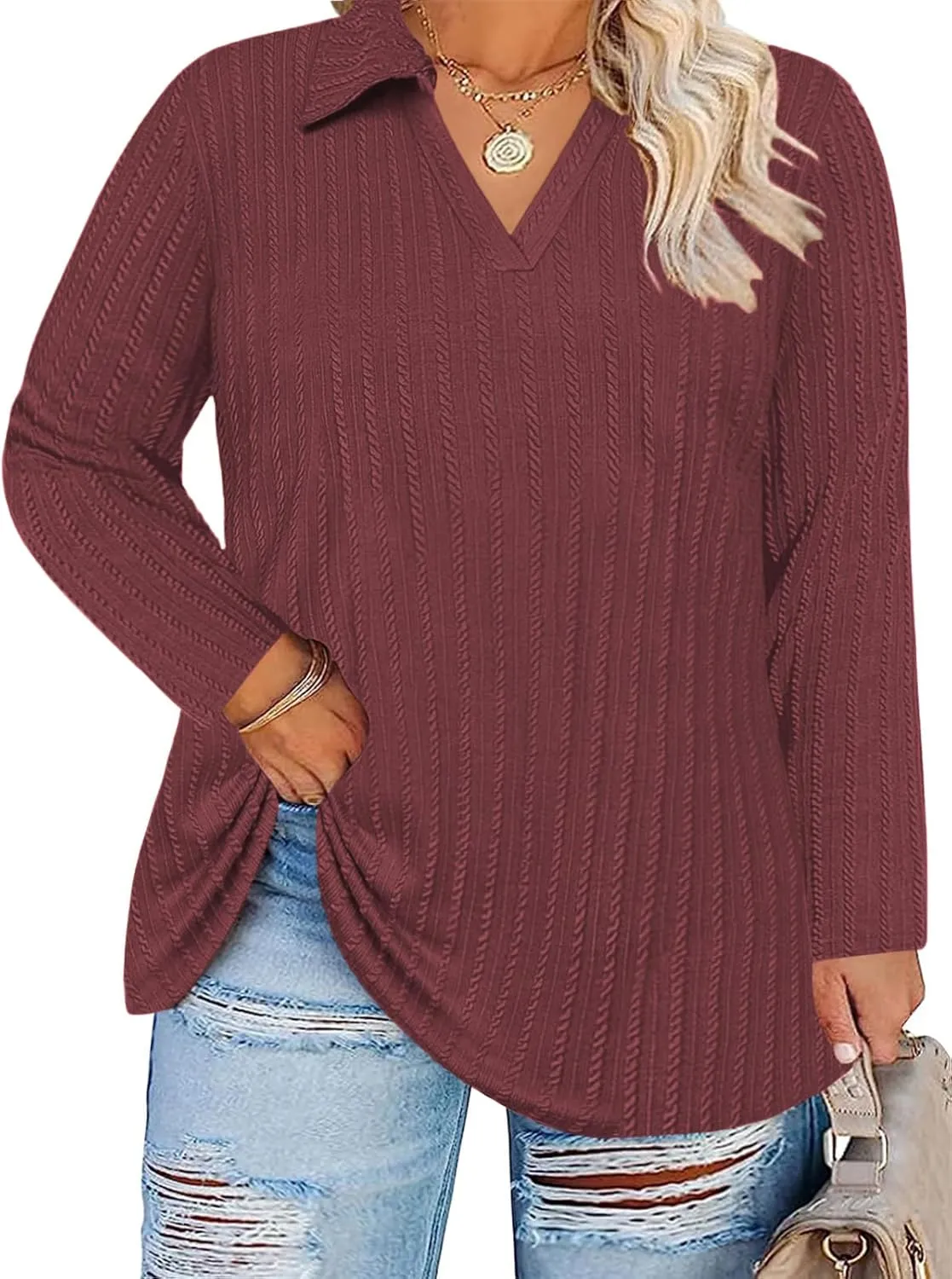 VISLILY Womens-Plus-Size-Tops-2025 Polo V Neck Shirts Lapel Collared Work Blouses Casual Long Sleeve Knit Tunics XL-5XL