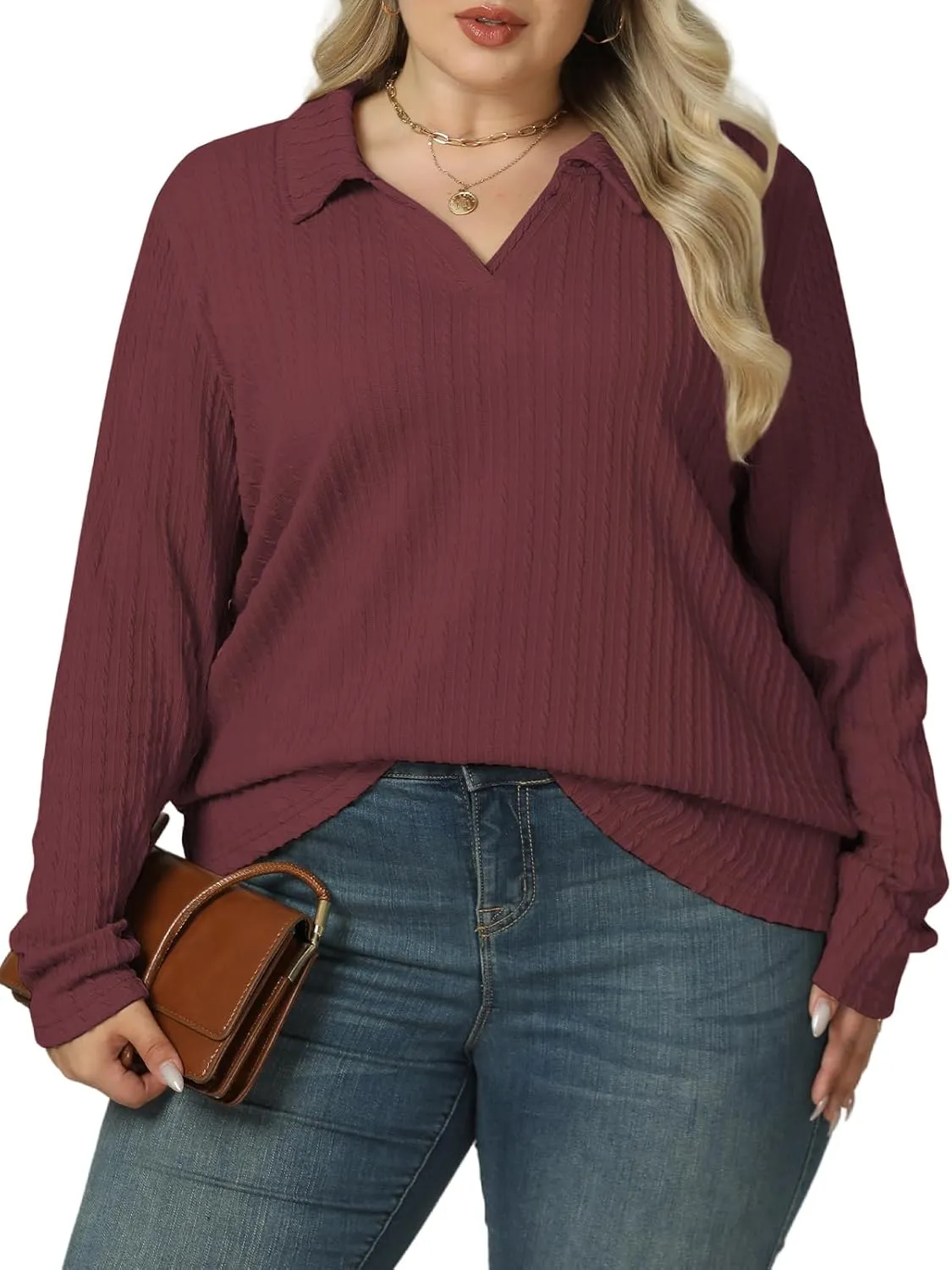 VISLILY Womens-Plus-Size-Tops-2025 Polo V Neck Shirts Lapel Collared Work Blouses Casual Long Sleeve Knit Tunics XL-5XL