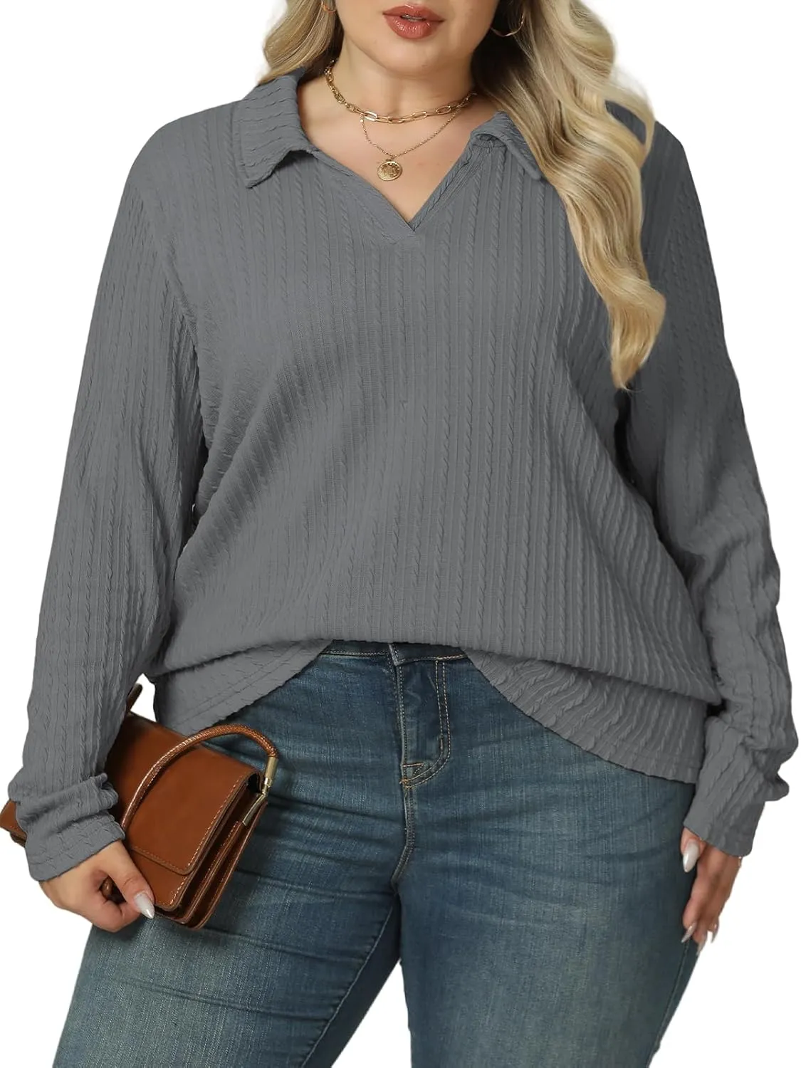 VISLILY Womens-Plus-Size-Tops-2025 Polo V Neck Shirts Lapel Collared Work Blouses Casual Long Sleeve Knit Tunics XL-5XL