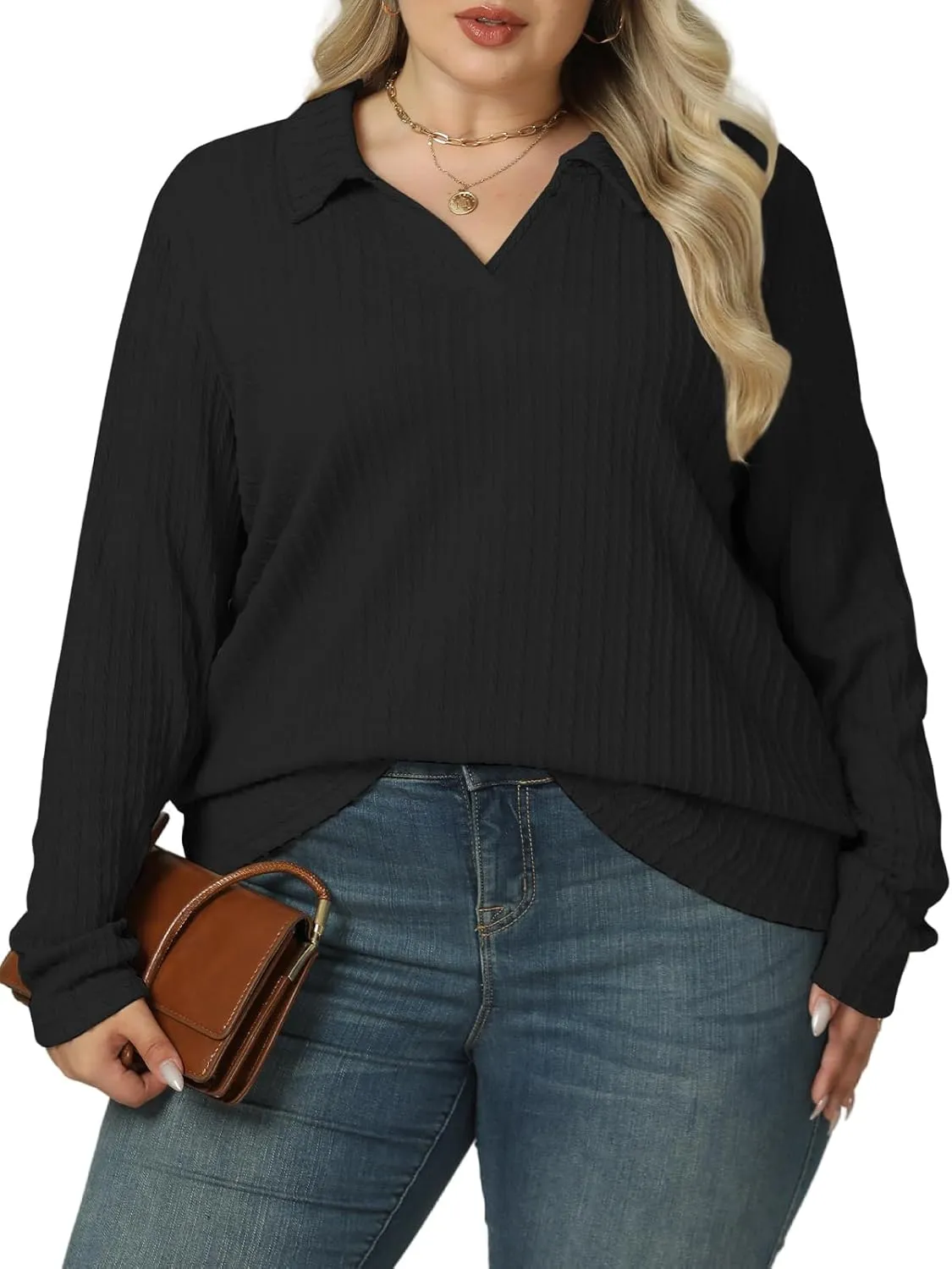 VISLILY Womens-Plus-Size-Tops-2025 Polo V Neck Shirts Lapel Collared Work Blouses Casual Long Sleeve Knit Tunics XL-5XL