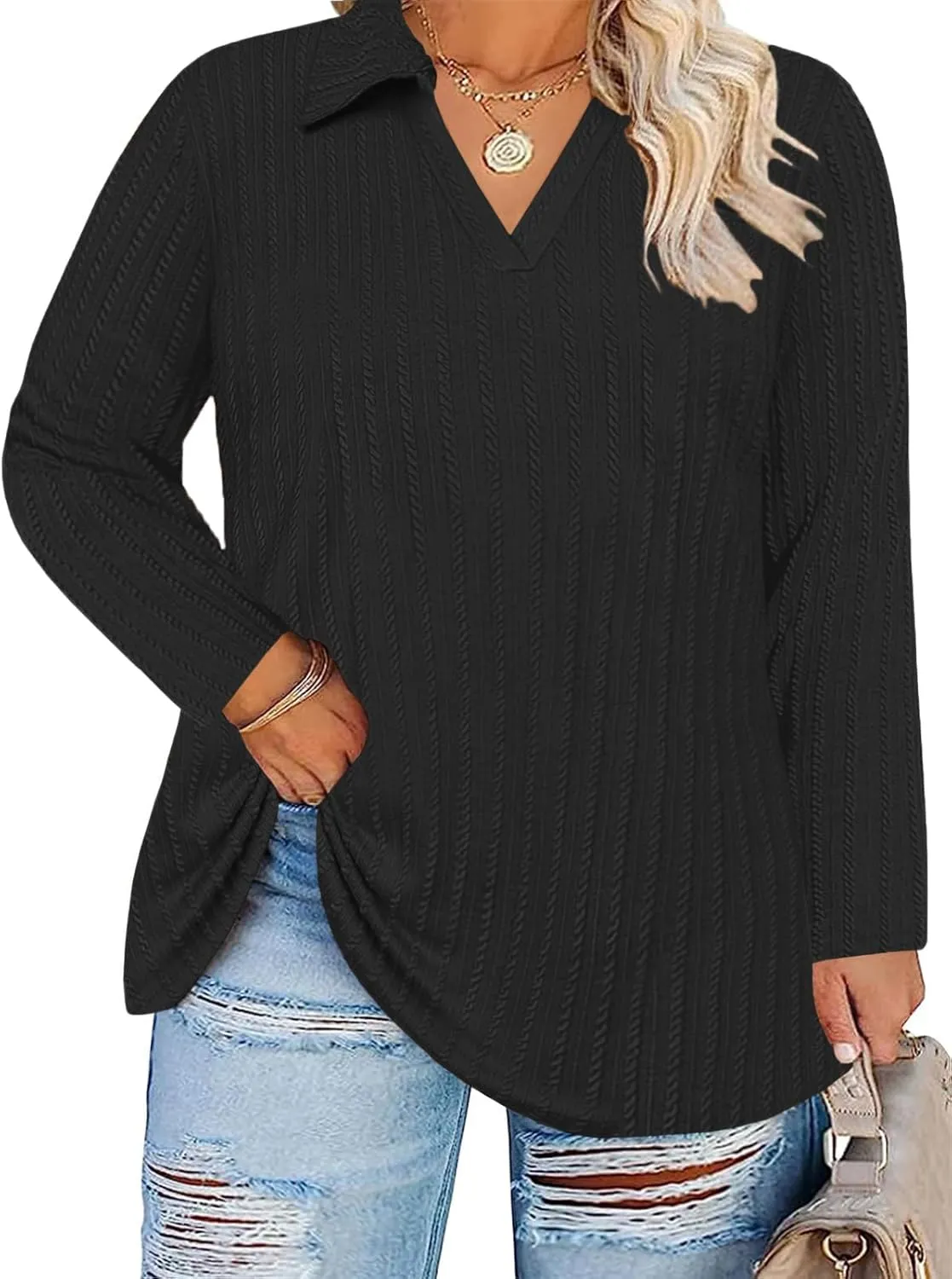 VISLILY Womens-Plus-Size-Tops-2025 Polo V Neck Shirts Lapel Collared Work Blouses Casual Long Sleeve Knit Tunics XL-5XL