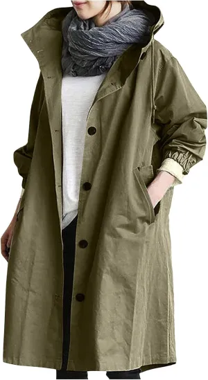Women Hooded Trench Coat Fall Winter Lightweight Oversized Long Anoraks Jacket Plus Size Button Down Windbreaker S-5XL