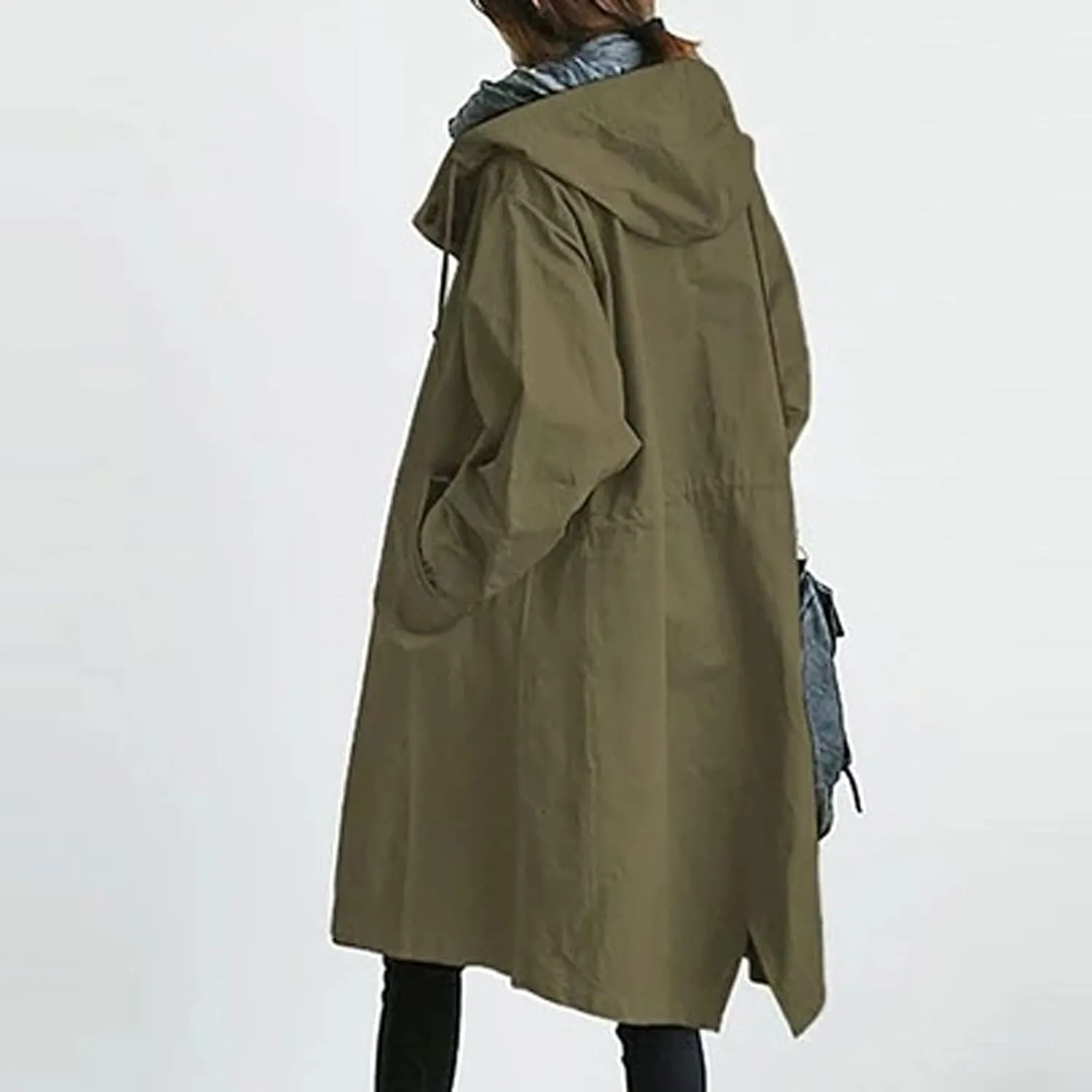 Women Hooded Trench Coat Fall Winter Lightweight Oversized Long Anoraks Jacket Plus Size Button Down Windbreaker S-5XL