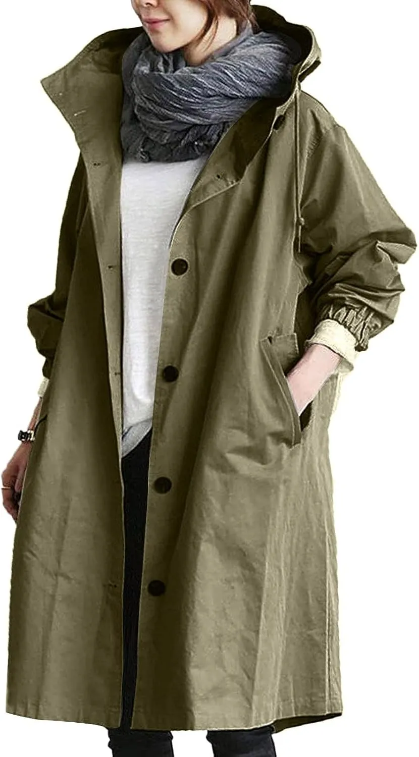 Women Hooded Trench Coat Fall Winter Lightweight Oversized Long Anoraks Jacket Plus Size Button Down Windbreaker S-5XL