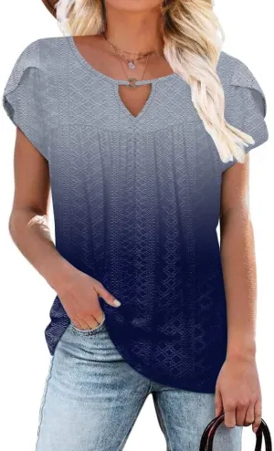 Women's Casual Dressy Short Petal Sleeve Shirts Pleated Fashion Front Key Hole Scoop Neck Floral Print Loose Fit Tops
