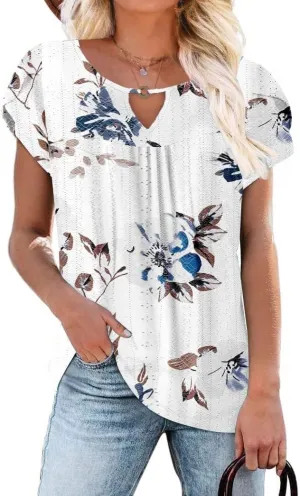 Women's Casual Dressy Short Petal Sleeve Shirts Pleated Fashion Front Key Hole Scoop Neck Floral Print Loose Fit Tops