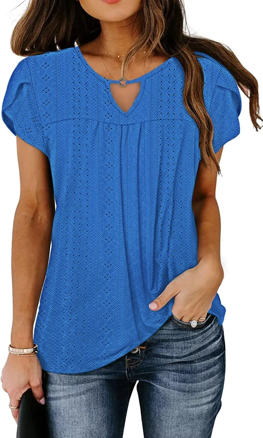 Women's Casual Dressy Short Petal Sleeve Shirts Pleated Fashion Front Key Hole Scoop Neck Floral Print Loose Fit Tops