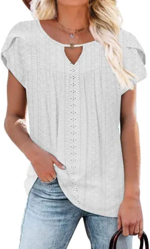 Women's Casual Dressy Short Petal Sleeve Shirts Pleated Fashion Front Key Hole Scoop Neck Floral Print Loose Fit Tops