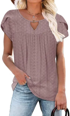 Women's Casual Dressy Short Petal Sleeve Shirts Pleated Fashion Front Key Hole Scoop Neck Floral Print Loose Fit Tops