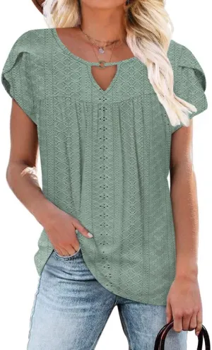 Women's Casual Dressy Short Petal Sleeve Shirts Pleated Fashion Front Key Hole Scoop Neck Floral Print Loose Fit Tops