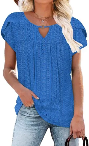 Women's Casual Dressy Short Petal Sleeve Shirts Pleated Fashion Front Key Hole Scoop Neck Floral Print Loose Fit Tops