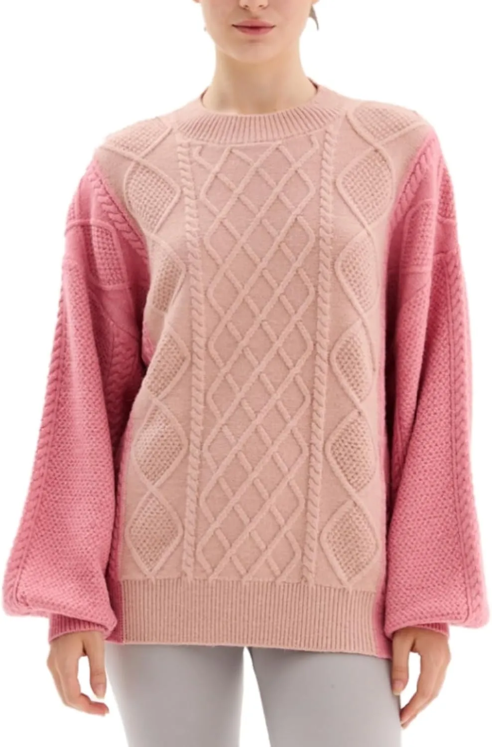 Women's Color Block Cable Knit Sweater  Crewneck Long Sleeve Pullover, Soft Textured Knitwear for Fall and Winter
