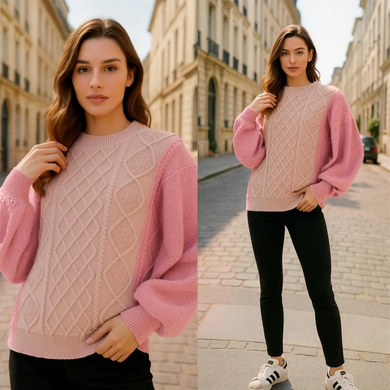 Women's Color Block Cable Knit Sweater  Crewneck Long Sleeve Pullover, Soft Textured Knitwear for Fall and Winter