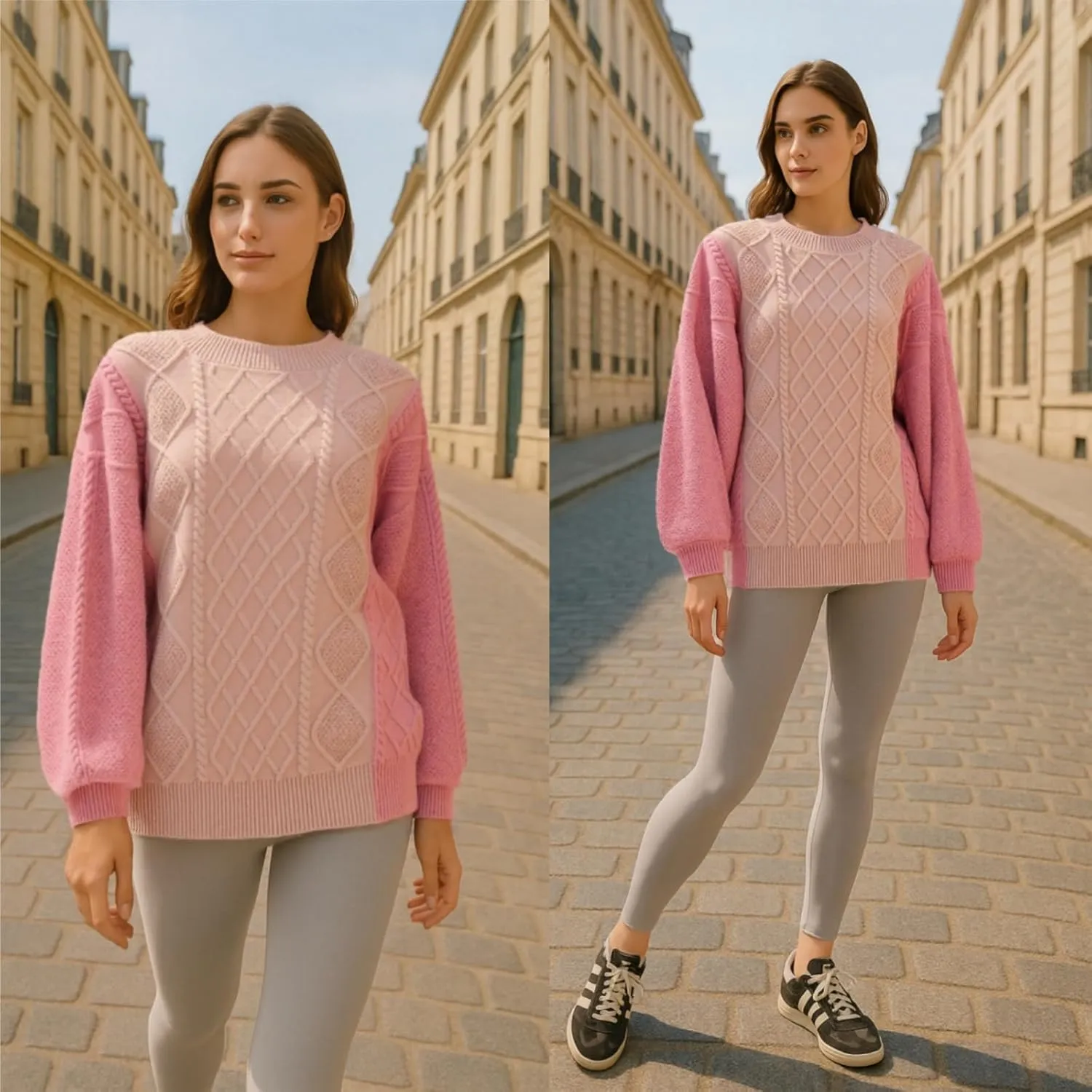 Women's Color Block Cable Knit Sweater  Crewneck Long Sleeve Pullover, Soft Textured Knitwear for Fall and Winter