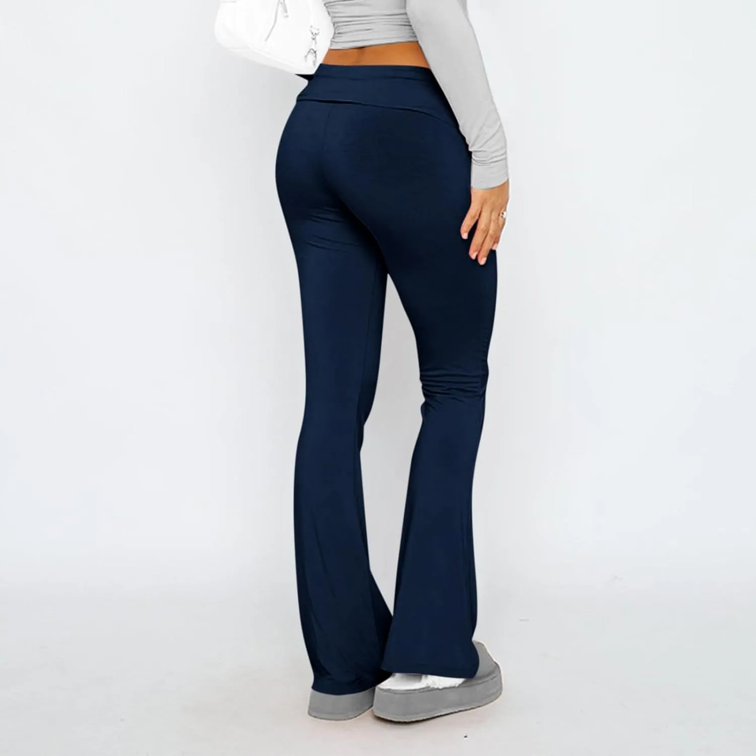 Womens Flare Leggings Fold Over Yoga Pants Y2K Low Rise Wide Leg Sweatpants Bell Bottom Buttery Soft Cotton Leggings