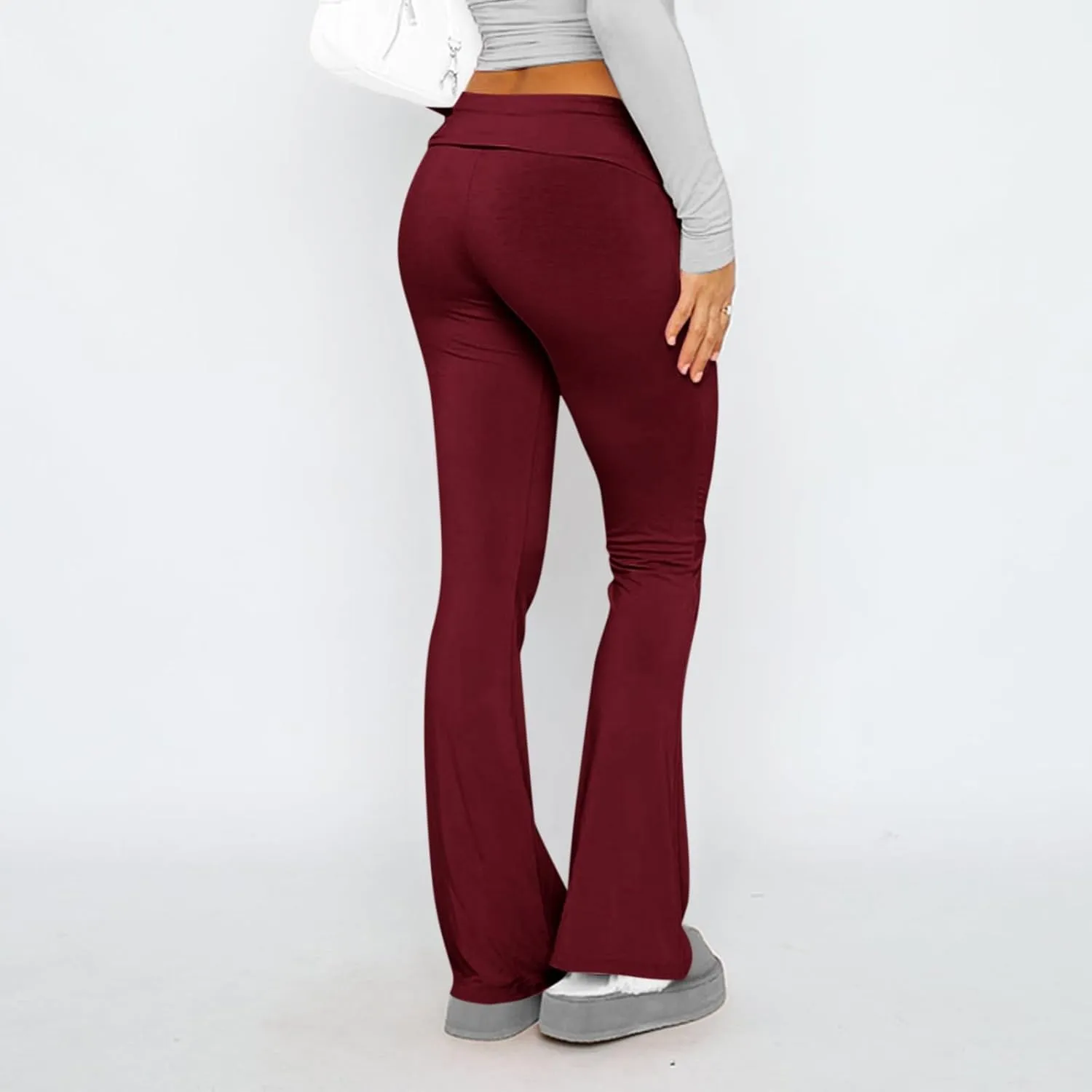 Womens Flare Leggings Fold Over Yoga Pants Y2K Low Rise Wide Leg Sweatpants Bell Bottom Buttery Soft Cotton Leggings