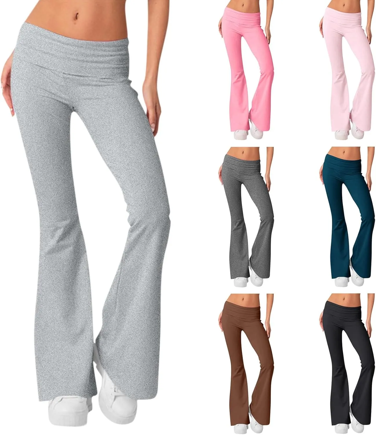 Womens Flare Leggings Fold Over Yoga Pants Y2K Low Rise Wide Leg Sweatpants Bell Bottom Buttery Soft Cotton Leggings