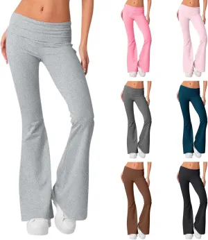 Womens Flare Leggings Fold Over Yoga Pants Y2K Low Rise Wide Leg Sweatpants Bell Bottom Buttery Soft Cotton Leggings