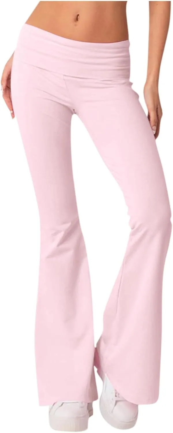 Womens Flare Leggings Fold Over Yoga Pants Y2K Low Rise Wide Leg Sweatpants Bell Bottom Buttery Soft Cotton Leggings