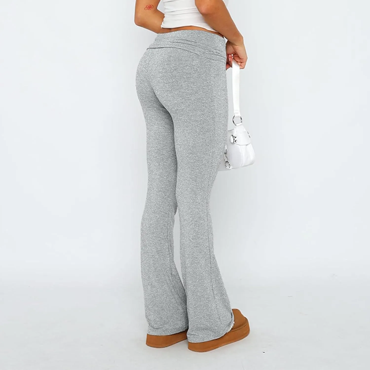 Womens Flare Leggings Fold Over Yoga Pants Y2K Low Rise Wide Leg Sweatpants Bell Bottom Buttery Soft Cotton Leggings