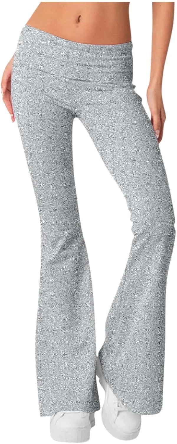 Womens Flare Leggings Fold Over Yoga Pants Y2K Low Rise Wide Leg Sweatpants Bell Bottom Buttery Soft Cotton Leggings