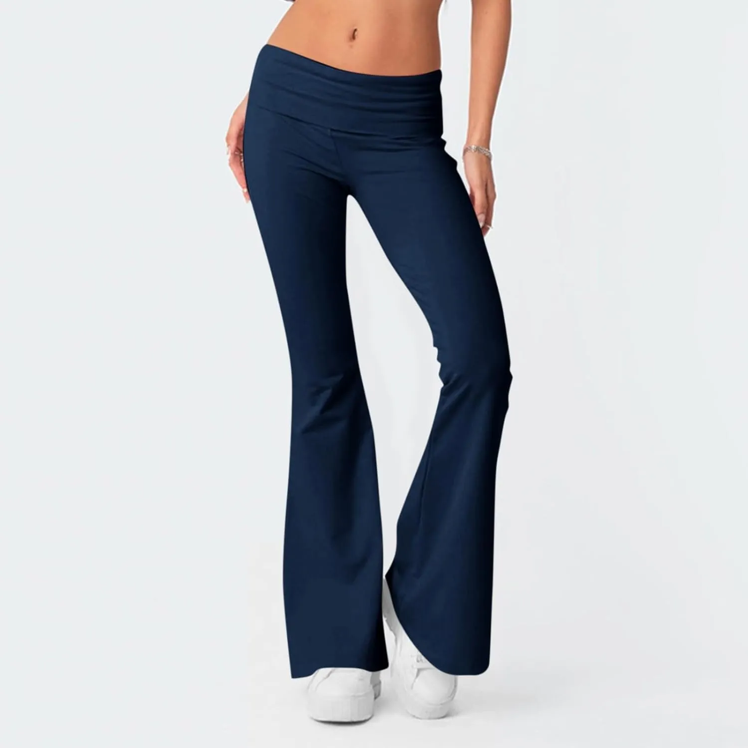 Womens Flare Leggings Fold Over Yoga Pants Y2K Low Rise Wide Leg Sweatpants Bell Bottom Buttery Soft Cotton Leggings