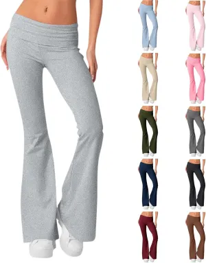 Womens Flare Leggings Fold Over Yoga Pants Y2K Low Rise Wide Leg Sweatpants Bell Bottom Buttery Soft Cotton Leggings