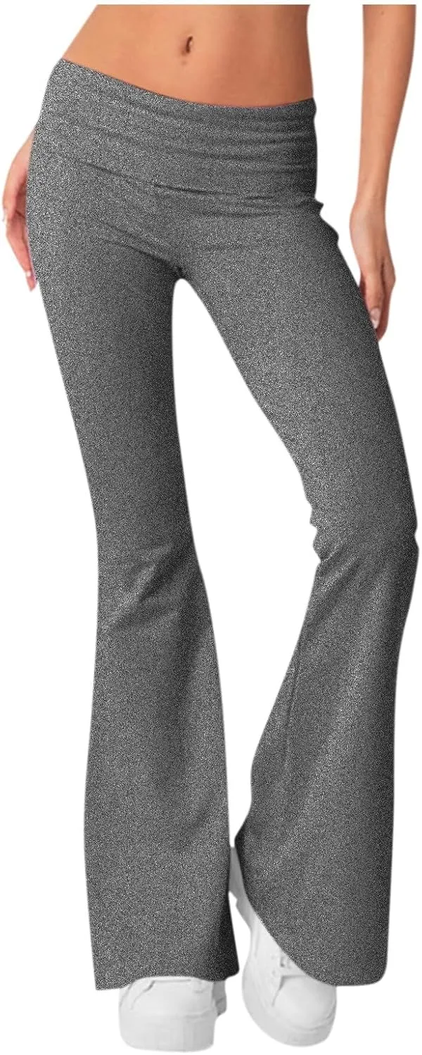 Womens Flare Leggings Fold Over Yoga Pants Y2K Low Rise Wide Leg Sweatpants Bell Bottom Buttery Soft Cotton Leggings