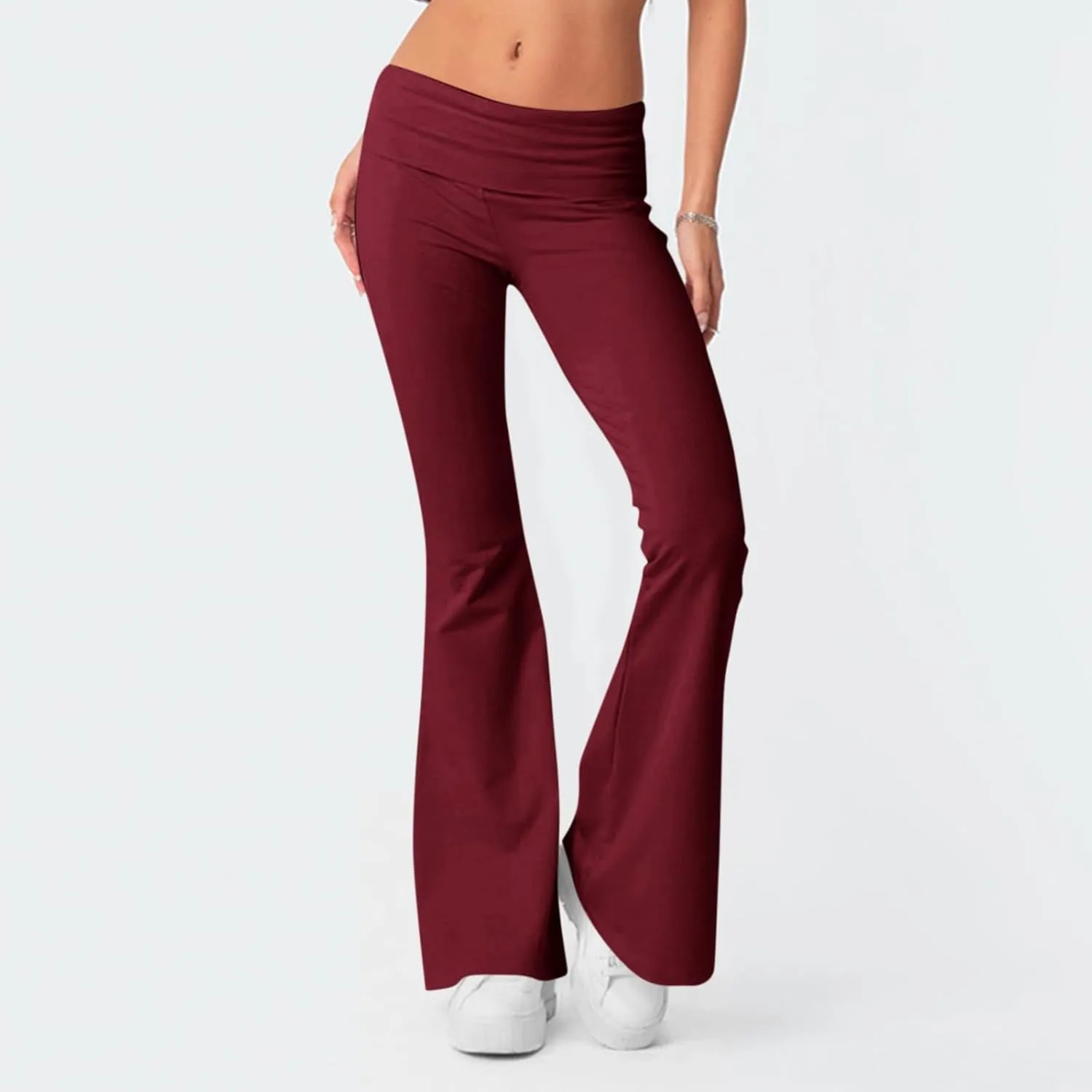Womens Flare Leggings Fold Over Yoga Pants Y2K Low Rise Wide Leg Sweatpants Bell Bottom Buttery Soft Cotton Leggings
