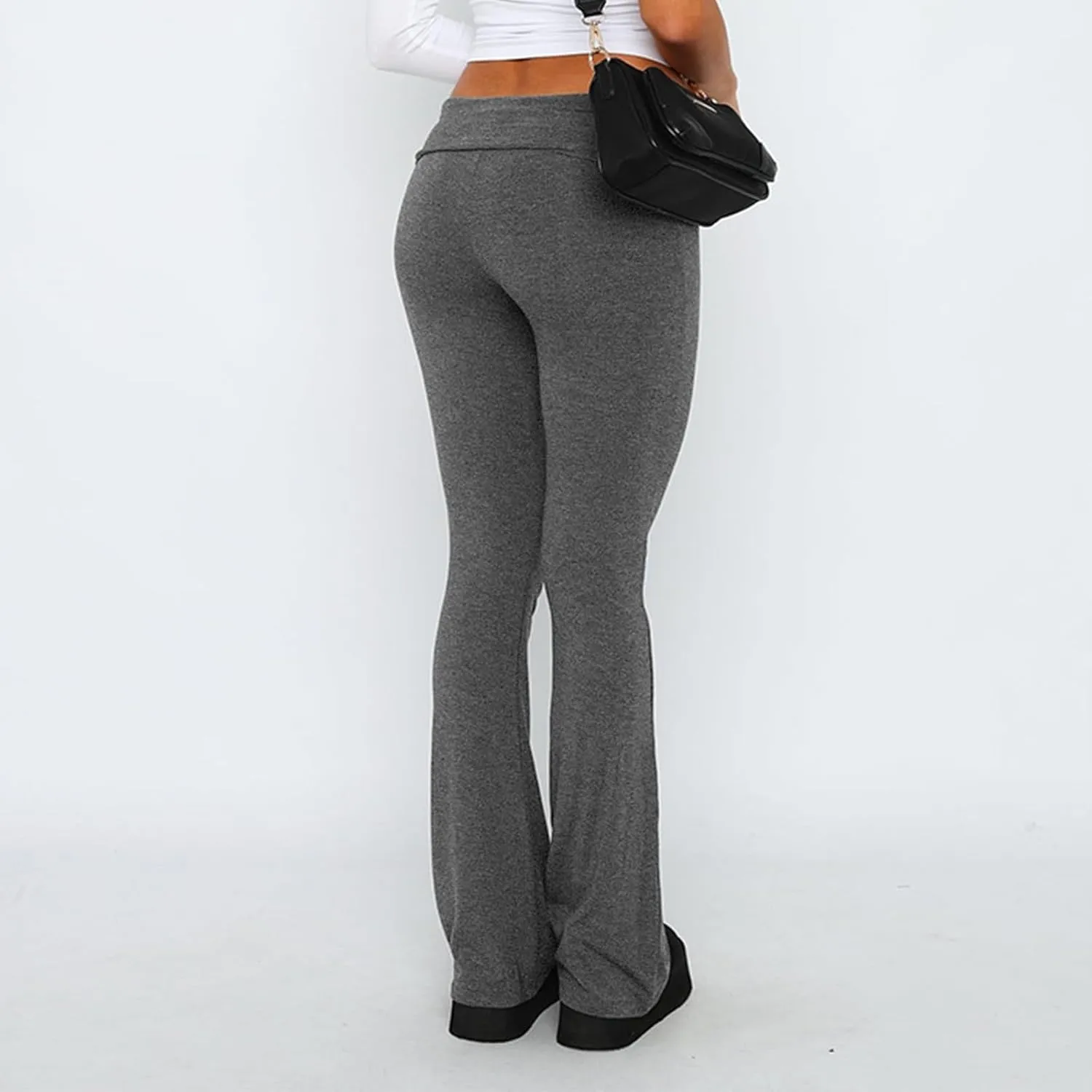 Womens Flare Leggings Fold Over Yoga Pants Y2K Low Rise Wide Leg Sweatpants Bell Bottom Buttery Soft Cotton Leggings