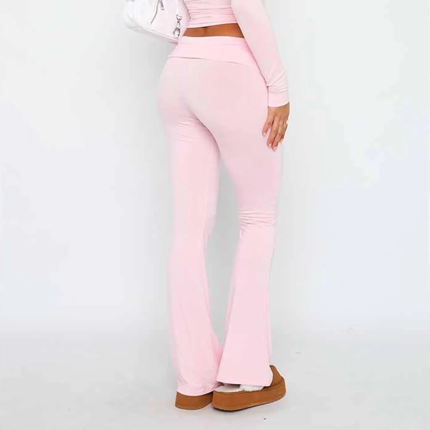 Womens Flare Leggings Fold Over Yoga Pants Y2K Low Rise Wide Leg Sweatpants Bell Bottom Buttery Soft Cotton Leggings