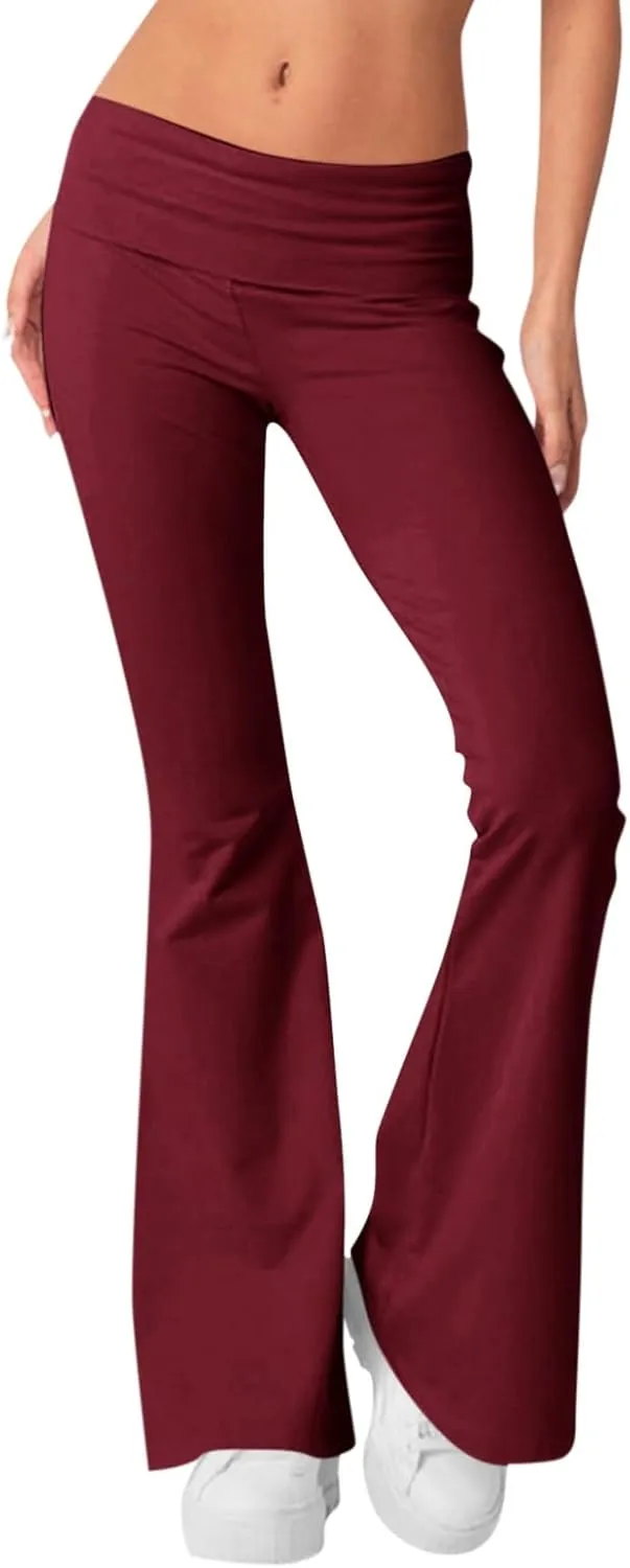 Womens Flare Leggings Fold Over Yoga Pants Y2K Low Rise Wide Leg Sweatpants Bell Bottom Buttery Soft Cotton Leggings