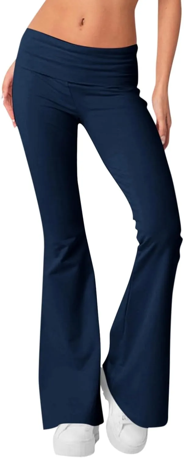 Womens Flare Leggings Fold Over Yoga Pants Y2K Low Rise Wide Leg Sweatpants Bell Bottom Buttery Soft Cotton Leggings